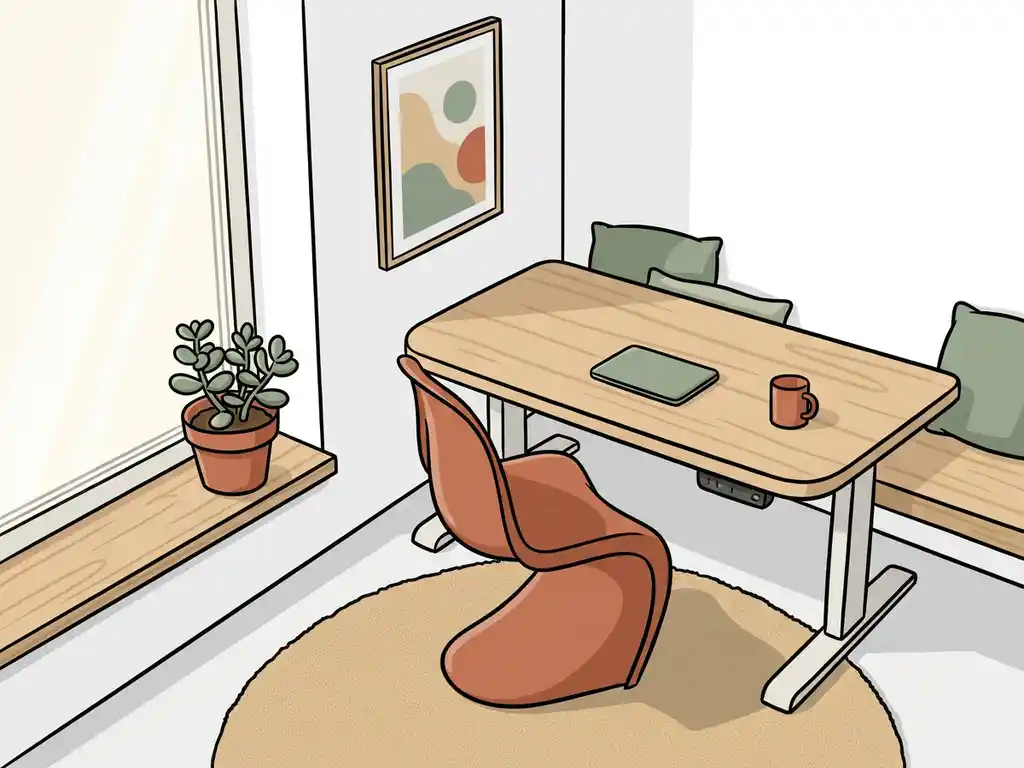Ergonomische zit-sta bureau opstelling in een lichte Nederlandse thuiskantoor hoek met terracotta stoel en potplant op de vensterbank.