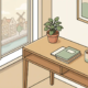Opgeknapte houten bureau bij raam met uitzicht op Hollands stadsgezicht, kleine kamerplant, minimalistisch werkplek in zachte aardetinten.