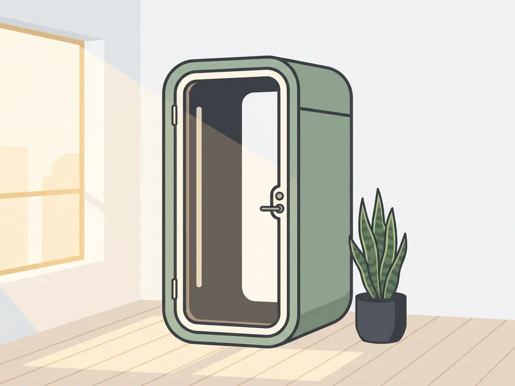 Akoestische telefooncel pod in een licht Nederlands kantoor met houten vloer, witte muren en een klein groen plantje ernaast.