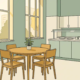 Lichte Nederlandse kantinekamer met ronde houten tafel, stapelstoelen, klein kamerplantje en nette serveertoonbank, warme natuurlijke belichting.