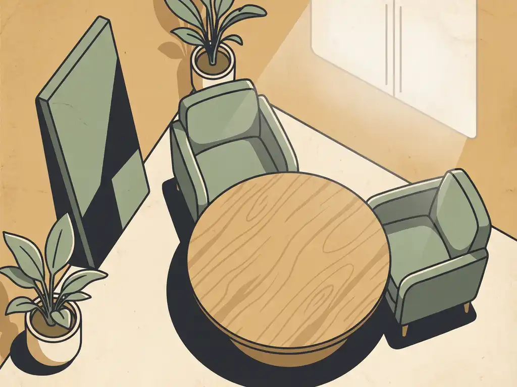 Stijlvolle kantoorhoek met ronde houten tafel, twee groene stoelen en akoestisch wandpaneel in Scandinavische stijl.