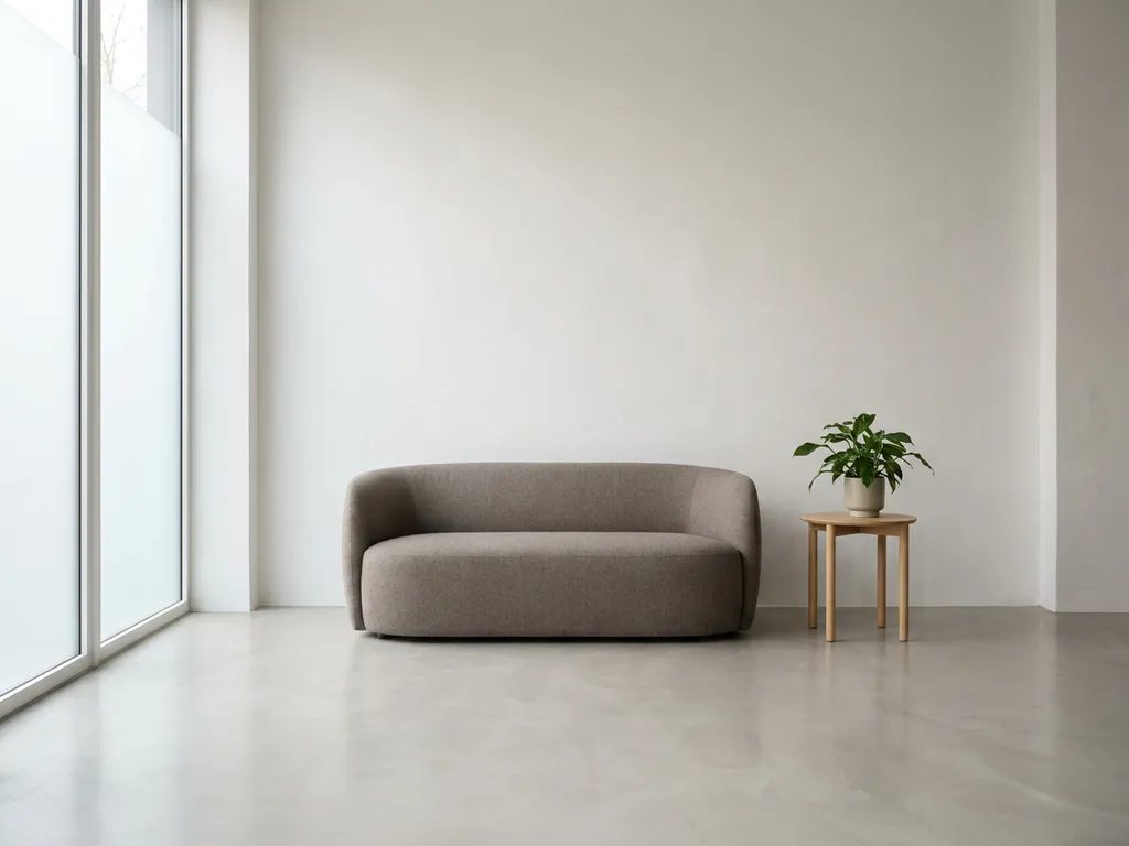 Minimalistische receptieruimte met grijze lage bank, houten bijzettafel met plant en betonlook vloer in natuurlijk daglicht.