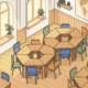 Modulaire schooltafels in zeshoekige opstelling met kleurrijke stapelstoelen in een lichte Nederlandse klaslokaal met houten accenten.
