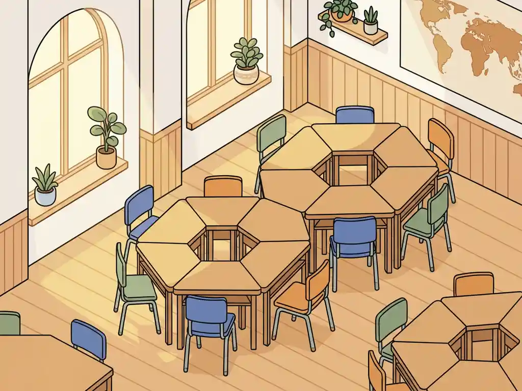 Modulaire schooltafels in zeshoekige opstelling met kleurrijke stapelstoelen in een lichte Nederlandse klaslokaal met houten accenten.
