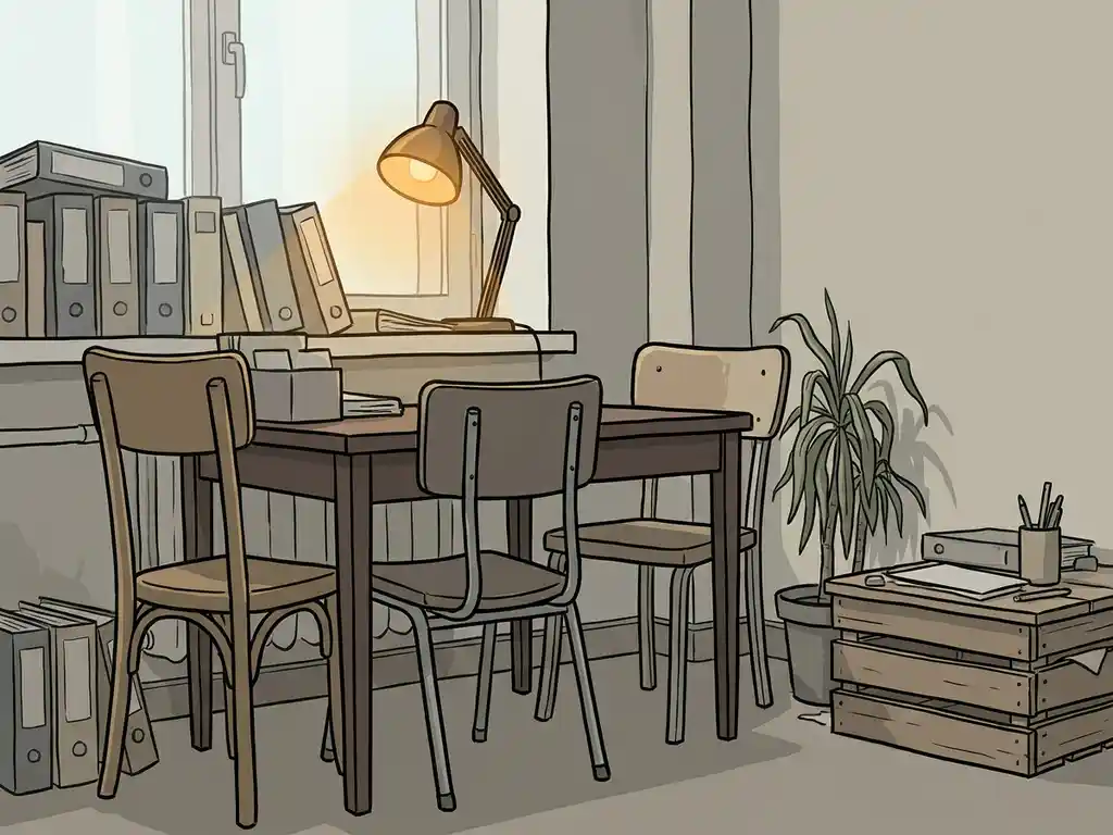 Rommelige Nederlandse kantoorhoek met stapels ordners, niet-bij-elkaar-passende stoelen en een hangende plant bij een smal bureau.