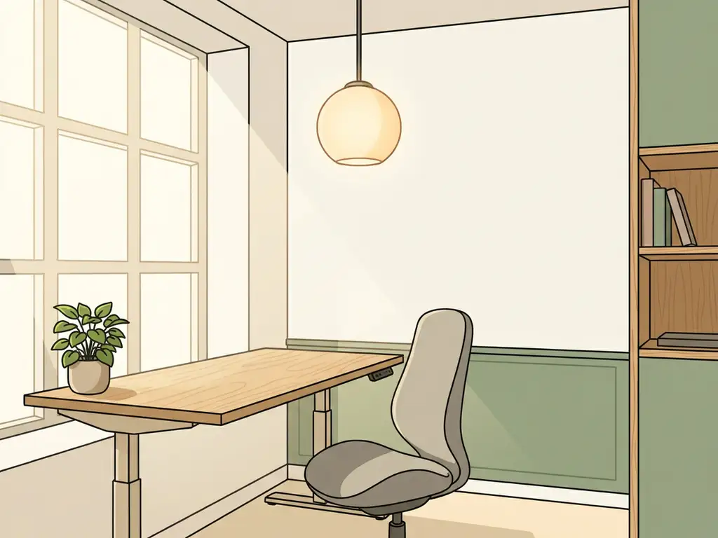 Lichte Nederlandse thuiswerkhoek met een zit-sta bureau, ergonomische stoel, potplant en hanglamp in Scandinavische stijl.