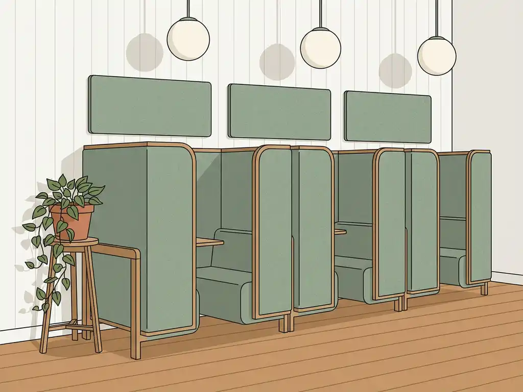 Drie akoestische telefoonhokjes van stof langs een kantoorwand, met saliegroen geluidspanelen, warme houten vloer en een hangplant.