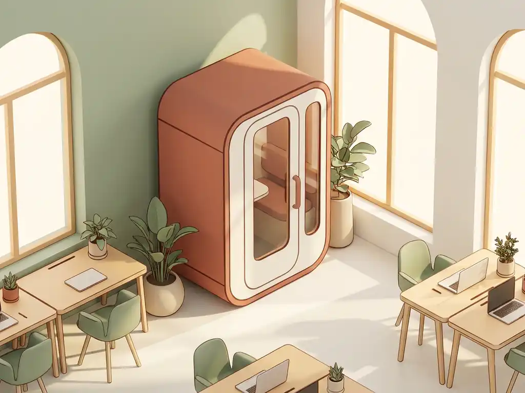 Telefooncabine pod in een lichte open kantoorruimte met houten bureaus, groene planten en warm natuurlijk licht.