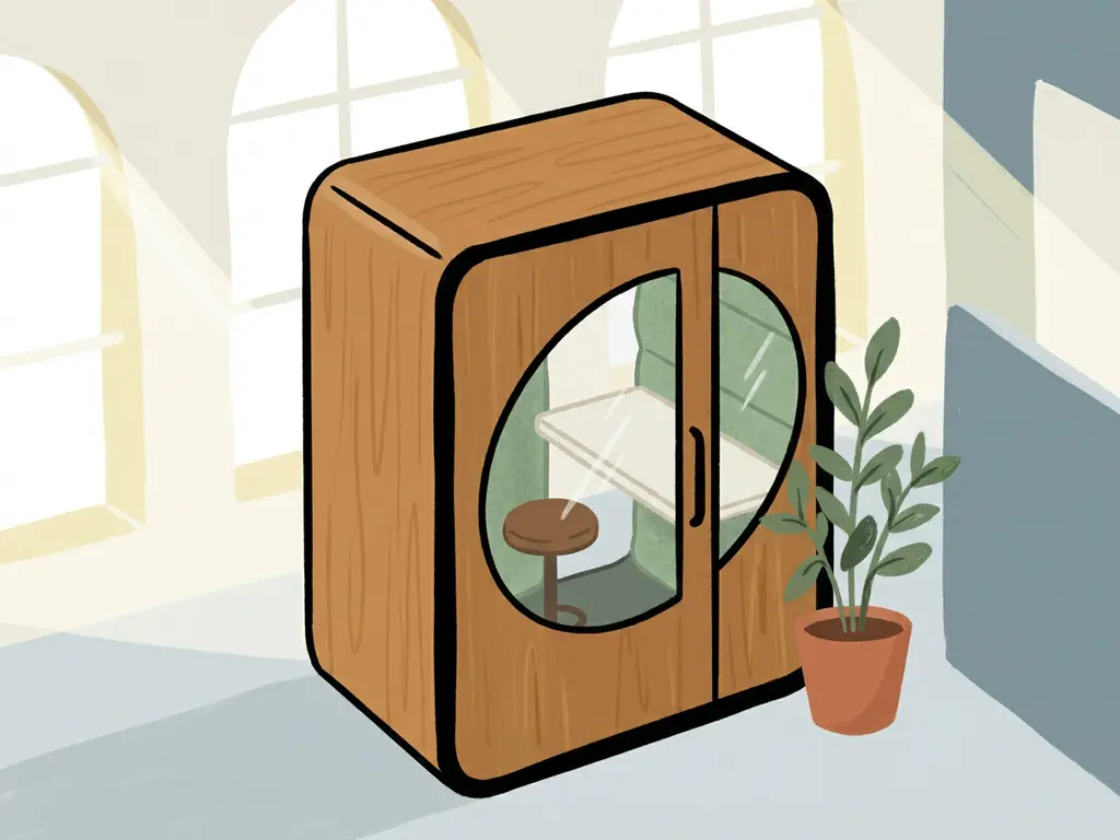 Vrijstaande telefooncel met eiken houten panelen en saliegroen akoestisch vilt in een licht Nederlands kantoor.