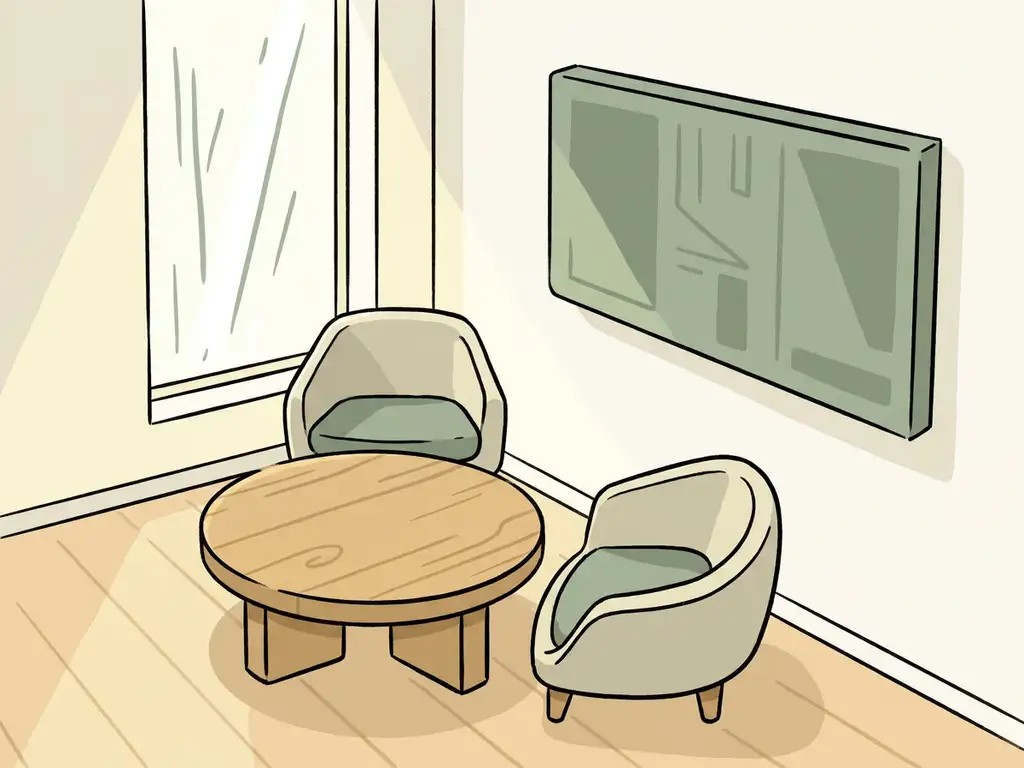 Lichte vergaderruimte met ronde lichte eiken tafel, twee moderne stoelen en saliegroen akoestisch paneel bij smal raam.