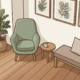 Rustige wachtkamer in de zorg met ergonomische stoel, bijzettafel, potplant en warme houten vloer in salie groen en taupe tinten.