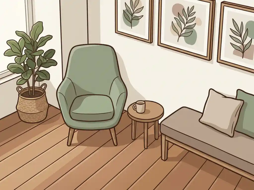 Rustige wachtkamer in de zorg met ergonomische stoel, bijzettafel, potplant en warme houten vloer in salie groen en taupe tinten.