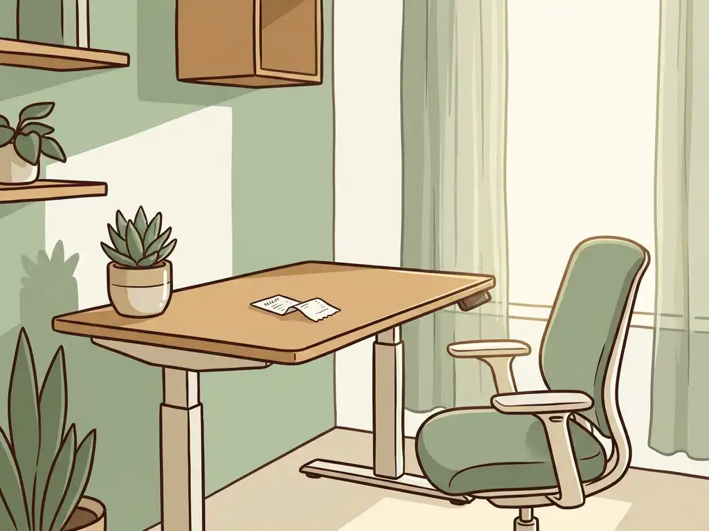 Verstelbaar zit-sta bureau met potplant en bon naast ergonomische stoel in lichte Nederlandse kantoorhoek met natuurlijk licht.