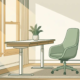 Zit-sta bureau met ergonomische stoel in zonnig Nederlands kantoor, kleine kamerplant op het bureaublad, warme natuurlijke belichting.