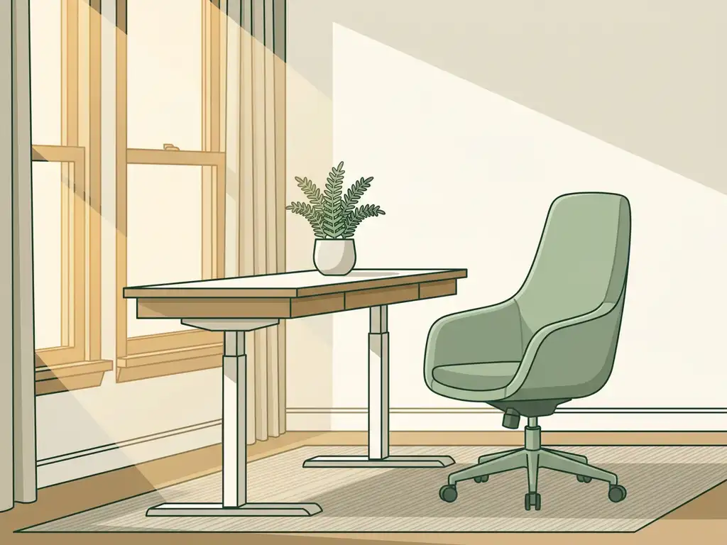 Zit-sta bureau met ergonomische stoel in zonnig Nederlands kantoor, kleine kamerplant op het bureaublad, warme natuurlijke belichting.