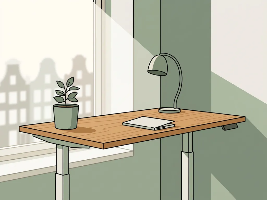 Zit-sta bureau met houten blad, potplant en notitieboek in een rustige Nederlandse kantoorhoek met natuurlijk raamlicht.