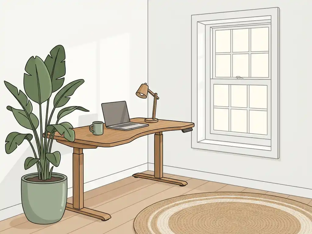 Minimalistische zit-sta bureau illustratie met potplant en groot raam, Scandinavisch interieur in eiken en saliegroen.